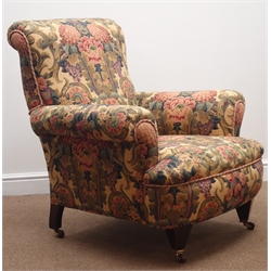  Victorian armchair, upholstered Liberty 'Finsbury' fabric, on mahogany square tapering legs, brass socket and ceramic casters  
