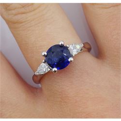 18ct white gold three stone round sapphire and pear shaped diamond ring, sapphire approx 1.50 carat