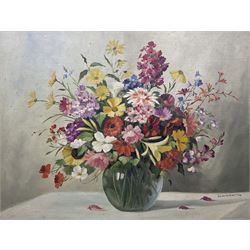Sibylle Robertin (Austrian 1898-?): Cut Flowers in a Glass Vase, oil on canvas board signed 59cm x 78cm