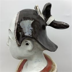 Large Japanese Imari porcelain figure, modelled as a Bijin, wearing a long kimono decorated with apple blossom and leafy branches on a white ground, with gilt detailing, possibly Edo period, H63cm