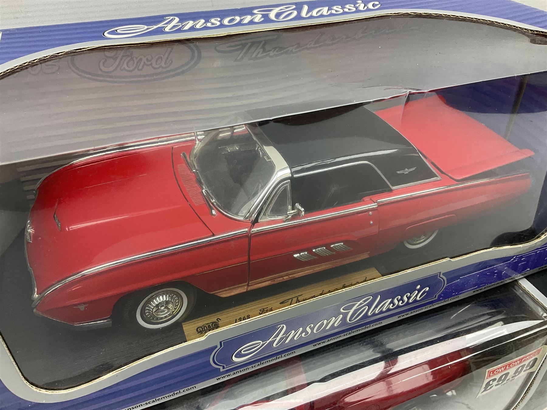Five Anson 1:18 scale models - limited edition Cadillac Escalade 2002; Dodge Ram 3500; 1963 Ford Thunderbird; Saab 900 Turbo Cabriolet; and Ferrari Dino 246GT; all boxed (5)