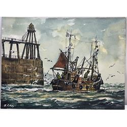 Jack Rigg (British 1927-2023): Whitby Fishing Boat by Lighthouse and a Ship Moored in Whitby Harbour, pair watercolours signed, dated verso 25cm x 34cm (2)