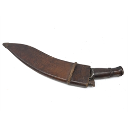  Kukri knife, 35cm curved steel blade stamped on back F.W, with shaped hardwood grip, and one skinning knife, L45cm, in stitched leather sheath with metal tip,    