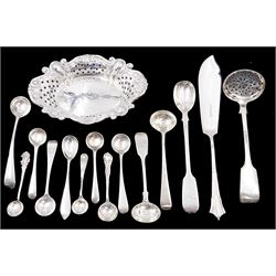 Group of silver, to include Edwardian silver bon bon dish, of oval form, with shaped rim and pierced sides, hallmarked James Dixon & Sons Ltd, Sheffield 1904, together with a Victorian silver sifting spoon, hallmarked Thomas Hart Stone, Exeter 1871, late Victorian butter knife, with bright cut decoration to blade, hallmarked Richard Richardson, Sheffield 1900, and a collection of hallmarked silver condiment spoons including George III example