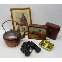  Georgian copper kettle and brass chamberstick, Vanity Fair 'Corney Grain' framed print, pair USSR 7X50 cased binoculars and Huntley & Palmers 'The Boyhood of Raleigh' biscuit tin  