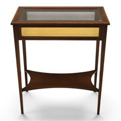 Edwardian inlaid mahogany bijouterie display table, square tapering supports inlay, orange baize lining shaped undertier