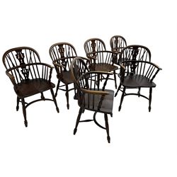 Late 20th century set six oak Windsor elbow chairs, double hoop and stick back with pierced and fretwork work splat, dished seat on turned supports joined by crinoline stretcher 