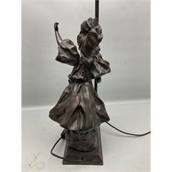 Bronzed Viens Jouer figural table lamp, after Victor Leopold Bruyneel (French, b. 1859), modelled as a lady holding the pole supporting the moulded frosted glass shade, signed to base Paris V. Bruyneel, H77cm