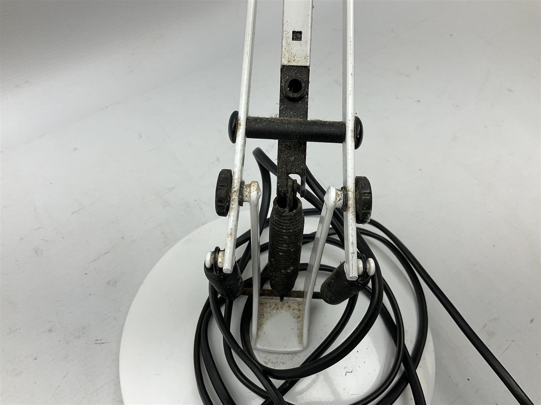 Anglepoise lamp, model number 90 in white with angled beam and weighted base, stamped Anglepoise