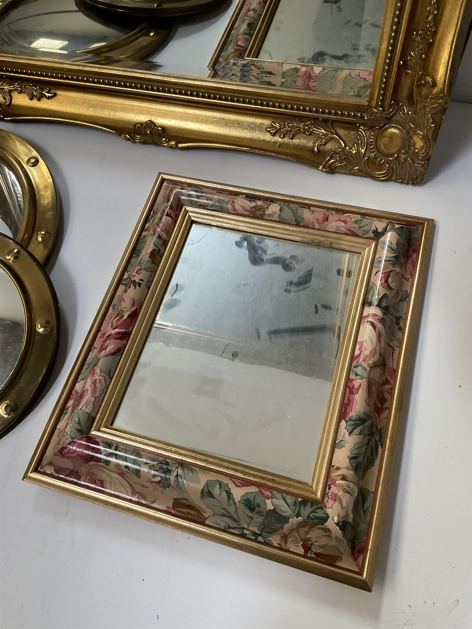 Ornate gilt rectangular wall mirror, two circular convex mirrors and a