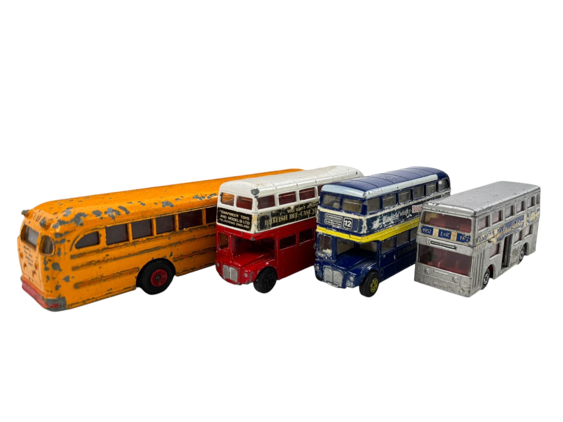 Matchbox Major Pack Car Transporter, Dinky Toys Conveyancer Fork Lift Truck, four Vanguards 1:64 diecast vans/lorries and two Matchbox lorries, all boxed, together with four unboxed diecast buses including Dinky Toys Wayne School Bus