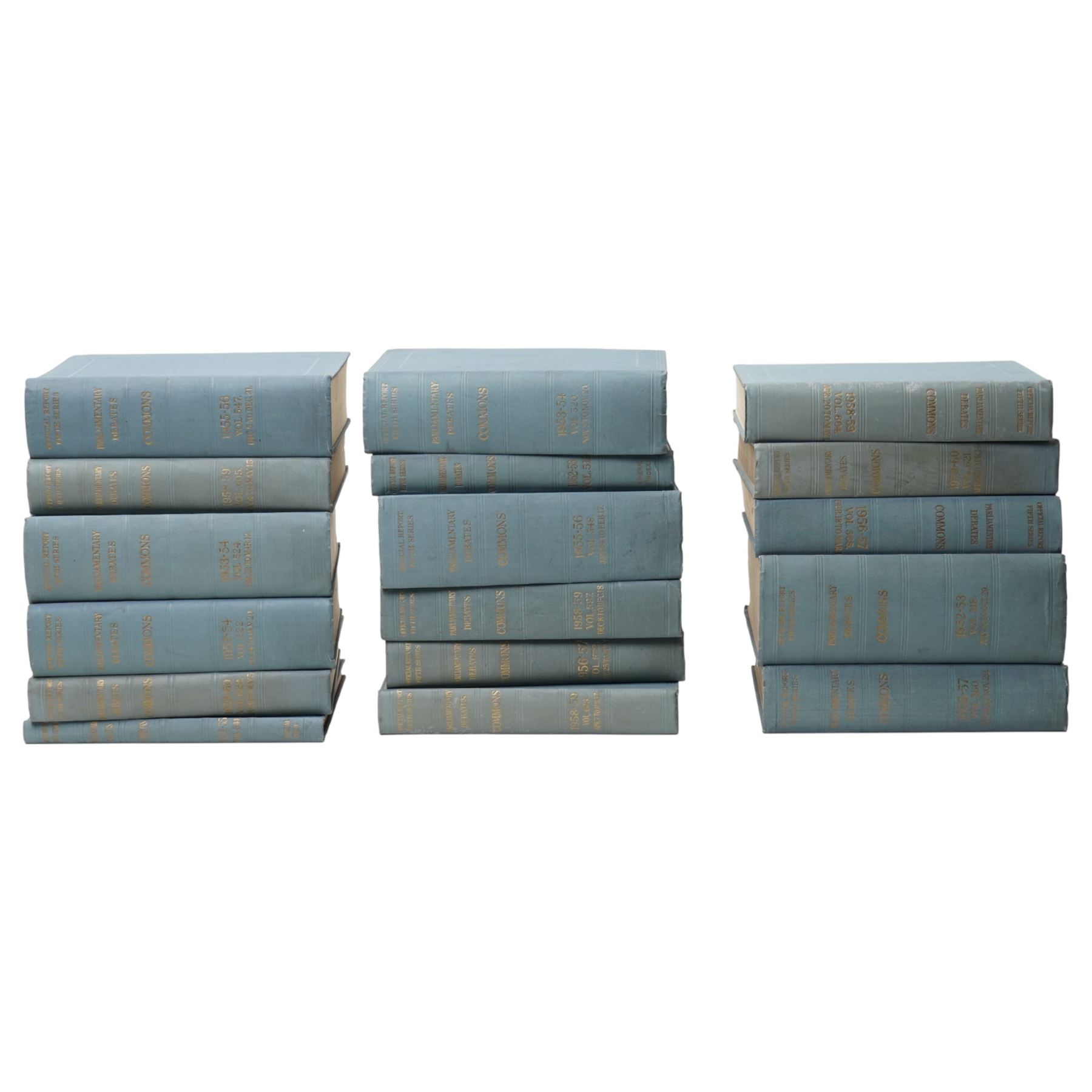 Hansard - House of Commons Parliamentary Debates covering the period 1952-1960, thirty nine volumes in original blue boards 
Provenance: property of a Nobleman