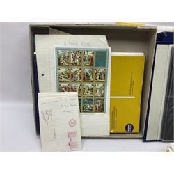 Stamps including Great British and Channel Islands first day covers, with various postmarks and genres, reference material etc, housed in various folders and loose, in one box