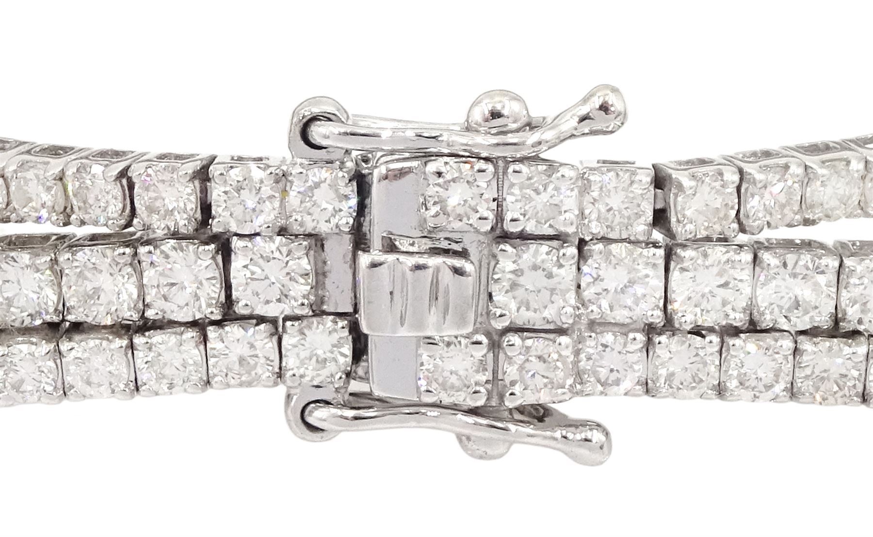 18ct white gold diamond three row bracelet, each four claw set with round brilliant cut diamonds, stamped, total diamond weight approx 7.70 carat
