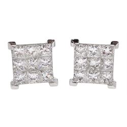 Pair of 18ct white gold pavé set, princess cut diamond stud earrings, hallmarked, total diamond weight approx 2.00 carat