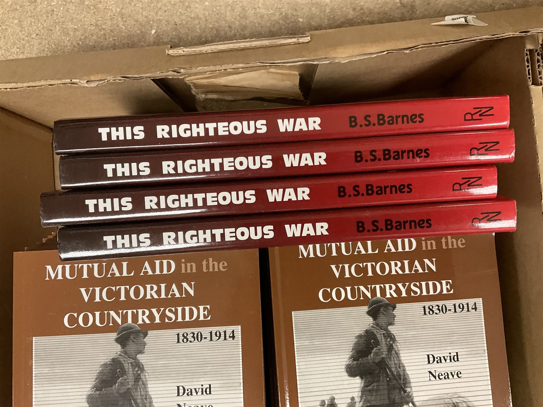 Books - Thirty seven copies of Mutual Air in the Victorian Countryside 1830-1914 by David Neave, four copies of Voices of Hull Real-Life Stories from the Hull City Play edited by Trevelyan Wright, four copies of The Journal of Surgeon Cass Aboard the Whaler 'Brunswick' of Hull, 1824 edited by A G Credland, four copies of This Righteous War by B S Barnes, four copies of Flying Sail Humber Keels and Sloops by Michael E Ulyatt, four copies of Old Beverley by Philip Brown, etc., in two boxes 