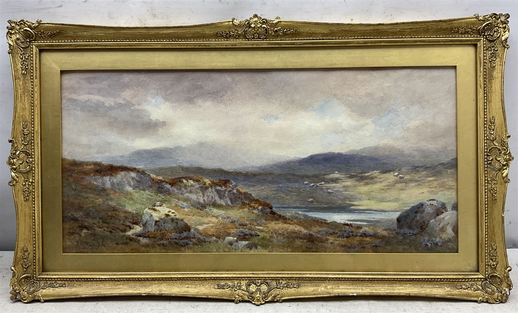 Elliot Haigh Marten (British 1866-1953): Highland Landscape with Sheep, watercolour signed 24cm x 52cm 