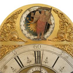 18th century longcase clock, the brass dial with ormolu spandrels, Father Time automaton and inscribed 'Joseph Heeley from London' with seconds ring and eight day movement in oak caddy top case, the trunk door with mahogany crossbanding H248cm