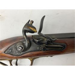 Reproduction non-firing Kentucky style flintlock musket musket, the 87.5cm hexagonal barrel with ramrod under, brass and brassed furniture and patch box to walnut stock L131cm overall