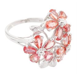 18ct white gold padparadscha sapphire flower head ring, three flower heads, each set with five pear cut sapphire petals, Birmingham 2006, total sapphire weight approx 2.65 carat