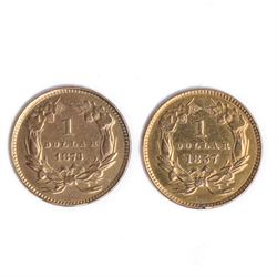 Two United States of America 'Indian Head' gold one dollar coins, 1857 and 1873