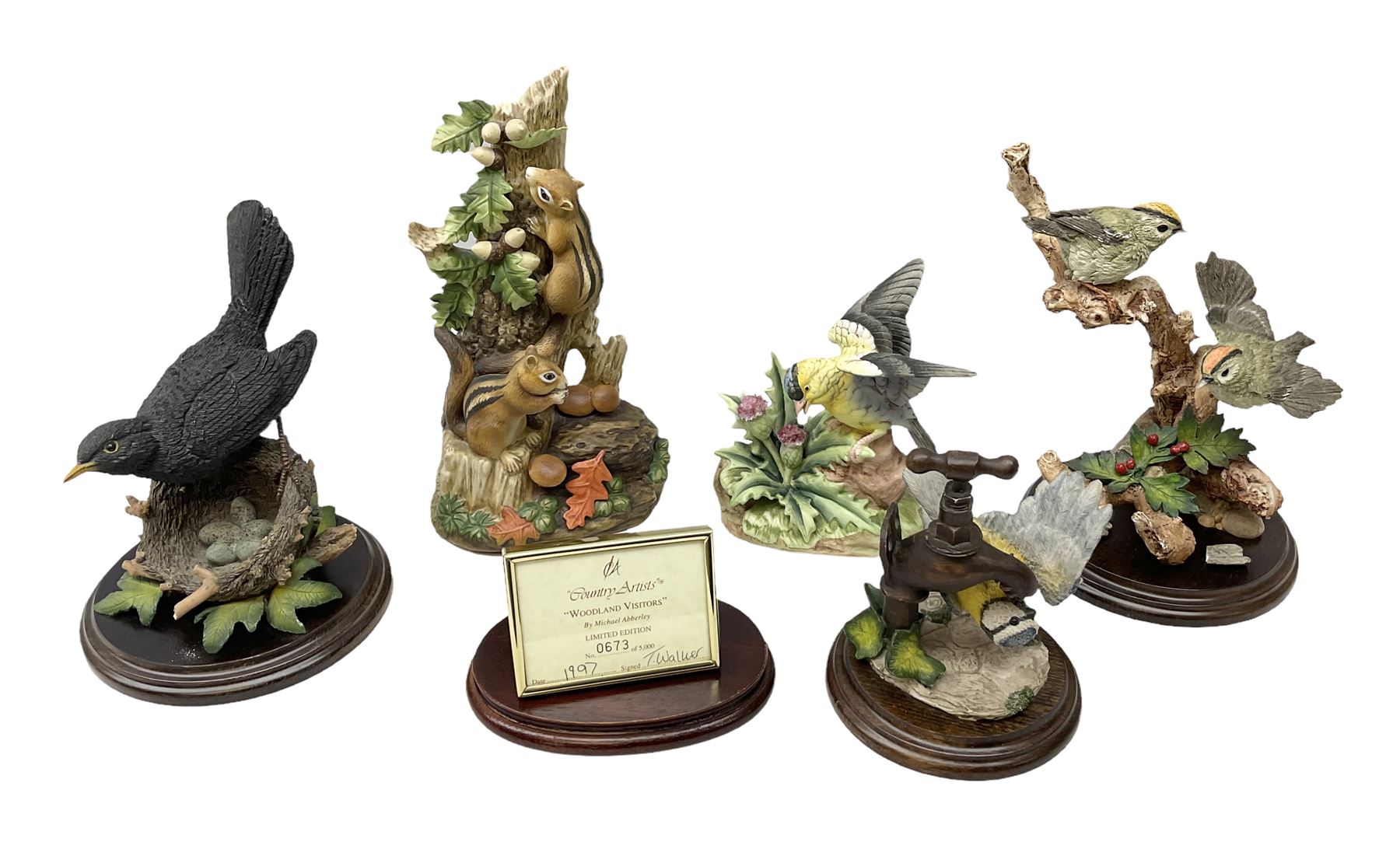 Three Country Artist figure groups, comprising 'Woodland Visitors', 'Bluetit on Tap' and 'Blackbird', together with two other animal figure groups