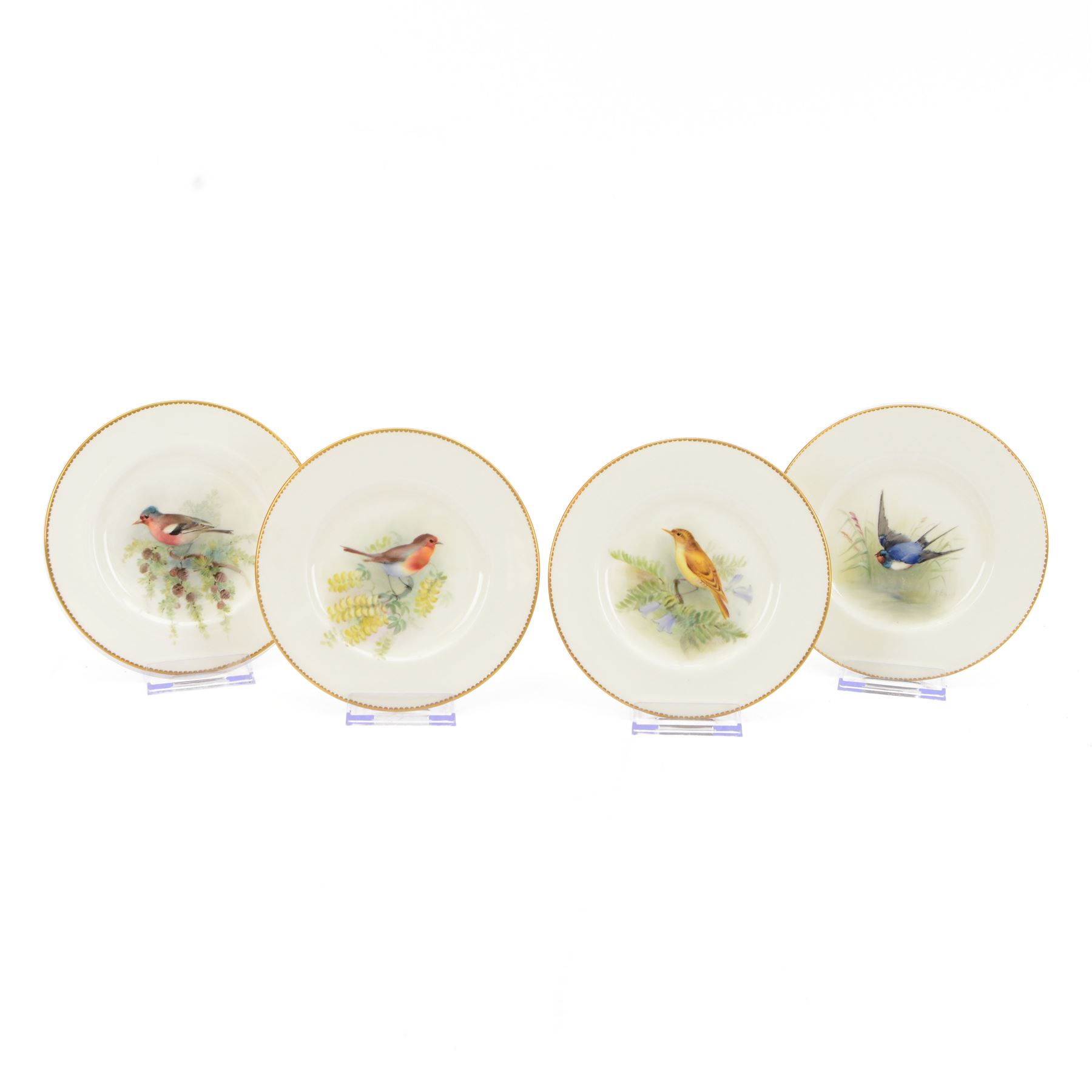 Four Royal Worcester hand painted ornithological plates, by W Powell, painted with a 'Chaffinch', 'Robin' 'Swallow' and 'Grasshopper Warbler', each named verso and bearing printed mark, D15cm 