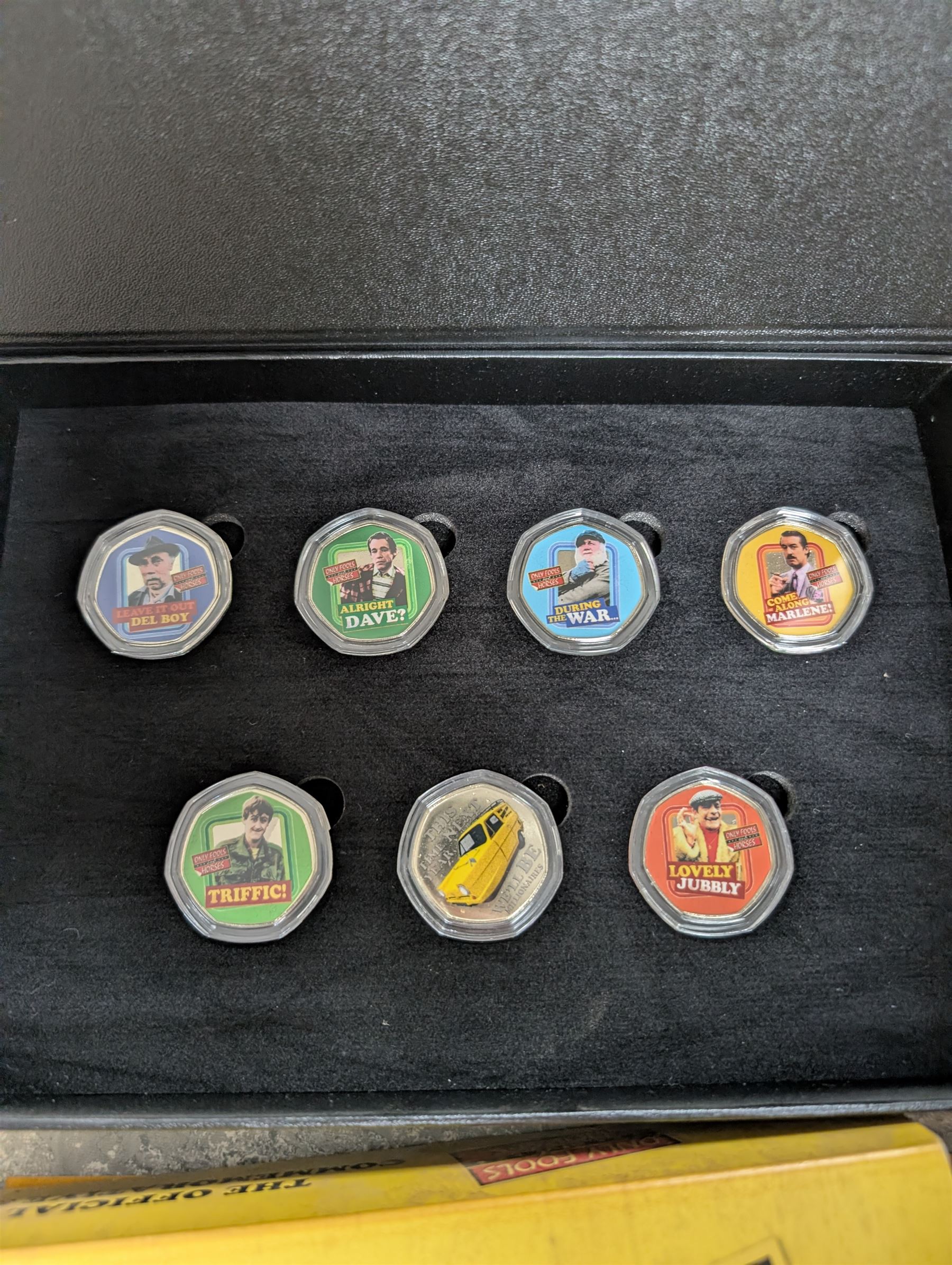 Collection of Only Fools and Horses memorabilia, including Westminster Mint limited edition fifty pence coin set, DVD box set, Corgi Reliant Regal, playing cards, framed bank notes, Griffin Cartoon of the bar scene, etc, together with a Vicar of Dibley DVD box set