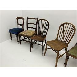 Two elm farmhouse style stick back chairs, turned supports, joined by 'H' stretcher, together with four other chairs 