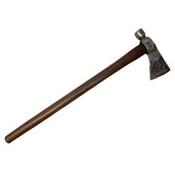 Early 20th century ceremonial Tomahawk pipe, steel axe head with pipe bowl, drilled drawing shaft, 46cm