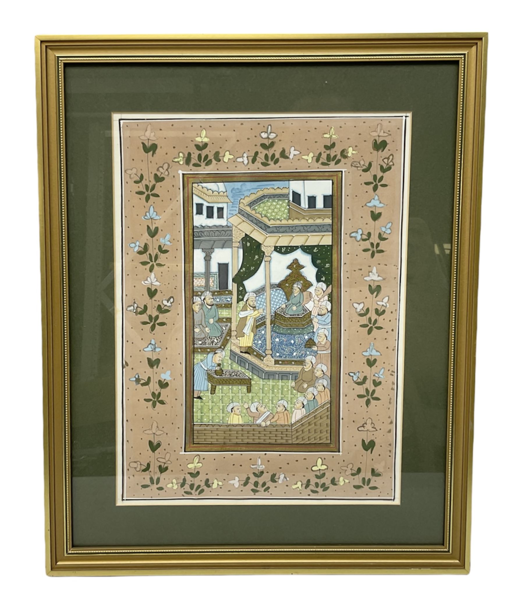 Mughal School (20th century): Subjects Bowing to Emperor, painting on fabric with flower border 32cm x 23cm