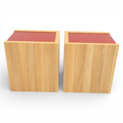 Sliderobes - modern dressing table and two bedside cabinets, red glass panels to top and drawer fronts, drawers with push to open mechanism, with veneered oak frames (Bedside tables H 56cm, D 50cm, W 40cm; Dressing table: H 83cm, D 50cm, W 135cm)