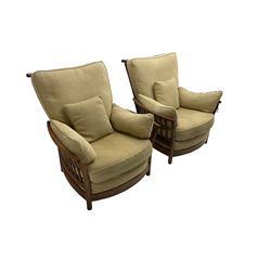 Ercol - pair elm and beech 'Renaissance' armchairs, upholstered in beige fabric  