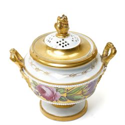 Pair of early 19th century potpourri, possibly Swansea, with twin gilt mascaron handles, the body painted with flowers on a gilt ground, spurious mark in red to base, H13cm  