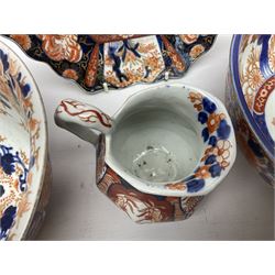 Two Japanese Imari bowls, together with Imari dish with scalloped edge and jug, largest bowl, H12cm