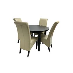 Agars of Whitby - charcoal solid ash circular dining table, and four leather high back chairs