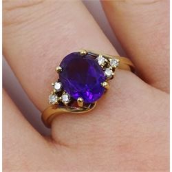 9ct gold oval amethyst and six stone diamond ring, hallmarked