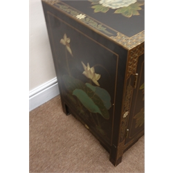 Chinese black lacquered two door cabinet, floral pattern with gold coloured detailing, W66cm, H61cm, D41cm  