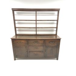 19th century oak dresser, raised three tier plate rack, five drawers, two cupboards, square supports, W175cm, H189cm, D60cm