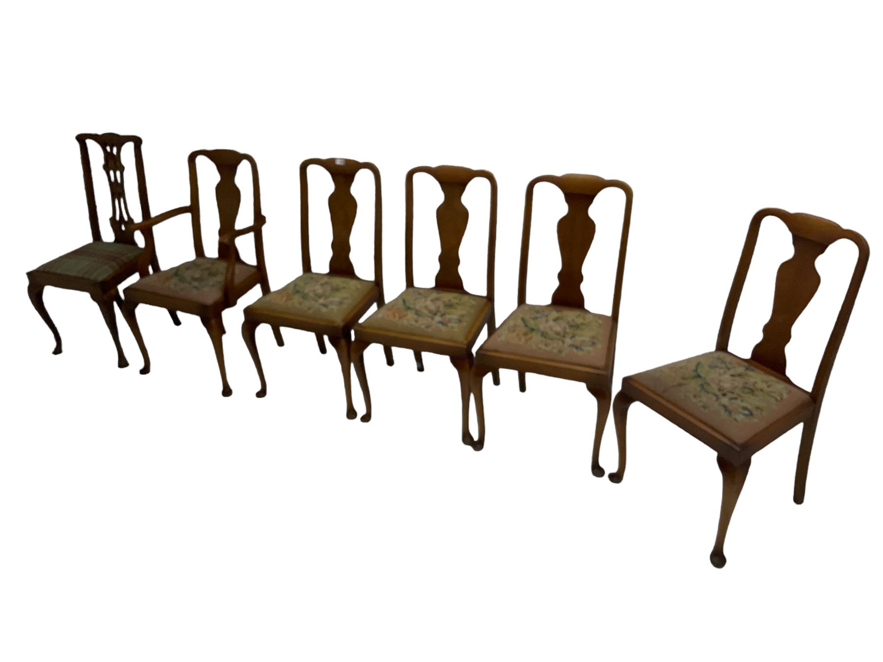 Set five (4+1) hardwood dining chairs, splat back with cross-stitch drop-in seat, raised on cabriole supports