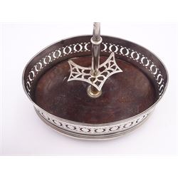 Late 18th century silver cruet stand, of oval form, with pierced sides upon four bun feet, hallmarked to handle Hester Bateman, all other hallmarks indistinct, together with five matched silver mounted cut glass cruet bottles, including some later Victorian examples, hallmarks predominantly indistinct, stand H20cm