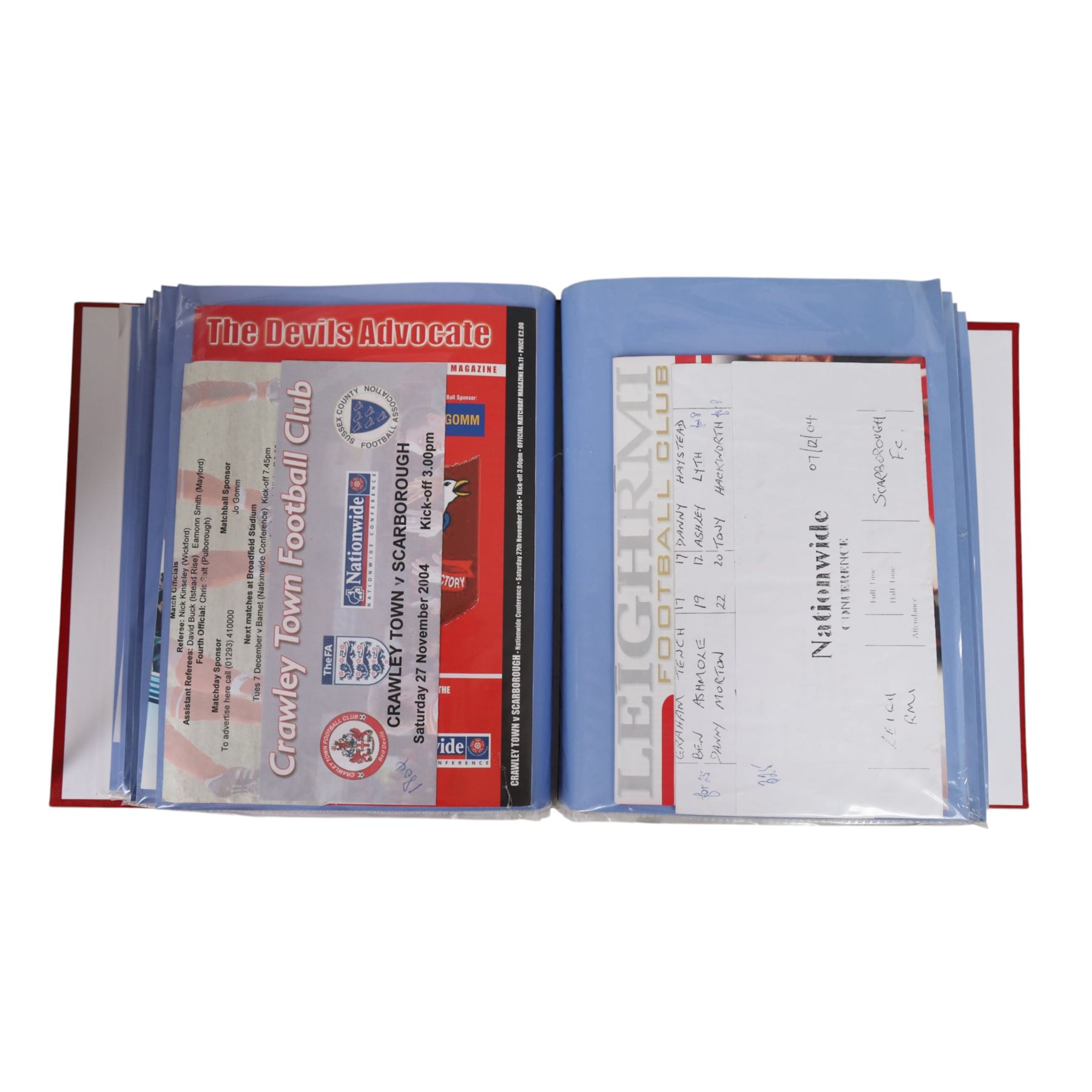 Comprehensive collection of approximately two hundred and thirty Scarborough FC football programmes for the 2003/04, 2004/05, 2005/06 and 2006/07 seasons, all filed within eight dedicated Scarborough FC red Home and Away binders