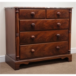  19th century mahogany chest, marble top, two short and three long graduating drawers, shaped plinth base, W115cm, H103cm, D54cm  