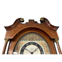 John Stonehouse of Leeds - mahogany 8-day longcase clock with a painted oval dial c1830, hood with a swans necked pediment and profuse contrasting inlay to both the hood and case, oval hood door with flanking pilasters and Corinthian capitals, conforming case with canted corners and short triple spire door, broad plinth with matching inlay and canted corners on shallow base, dial depicting masonic regalia, symbols, and pictorial depictions of the humanities, faith, hope, charity and righteousness, black chapter with white roman Arabic’s, date recorder and matching “crown” hands, dial pinned to a rack striking movement with a recoil anchor escapement, striking the hours on a coiled underslung gong. With weights and gridiron pendulum. 
This clock case is of large, impressive dimensions and was almost certainly commissioned for a large masonic lodge in Leeds, a rare and unique example.