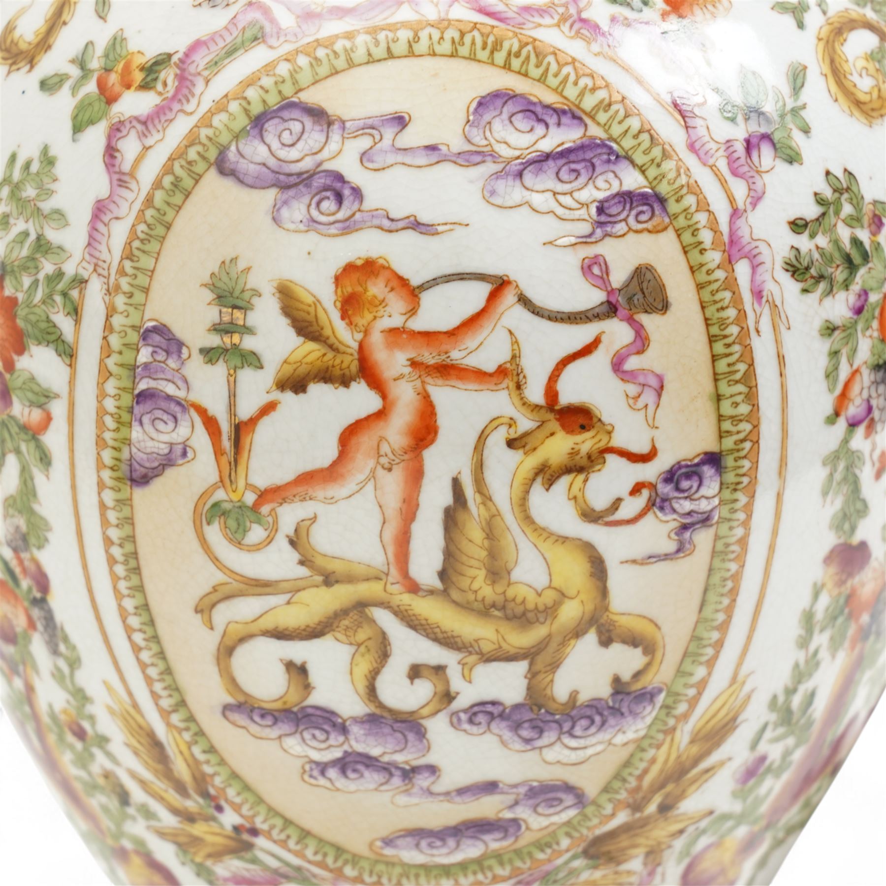 Wong Lee twin handled ceramic urn, with enamelled cherubs among animals and foliate decoration with bronzed metal mounts, upon a square base with paw feet, together with similar twin handled urn with enamelled floral decoration, marked to base, largest H48cm (2)