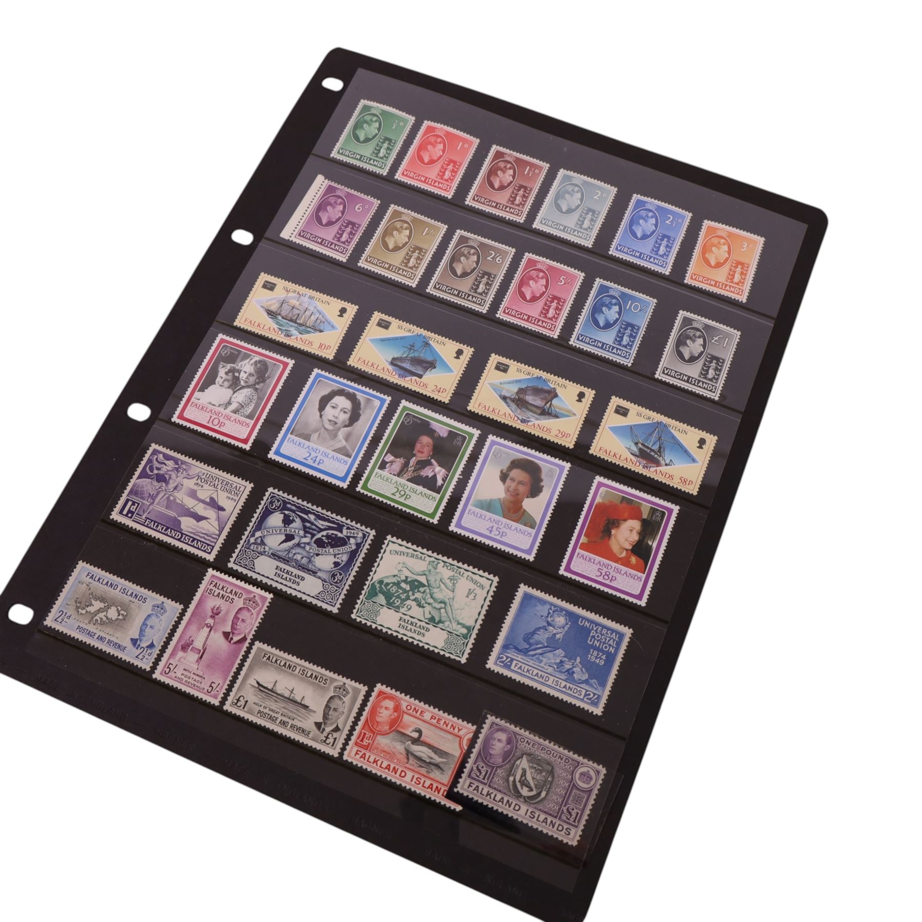 King George VI and Queen Elizabeth II Falkland Islands and Falkland Islands Dependencies stamps, including two King George VI 1946-1949 'thick map' sets of eight, apparently hinged and unhinged, corresponding 'thin map' set of seven, etc, housed on stock cards