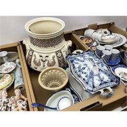 Four boxes of Victorian and later ceramics to include blue and white, Noritake twin handled vase, pair of Continental figures modelled as courting couple decorated with gilding, jelly moulds, teawares etc