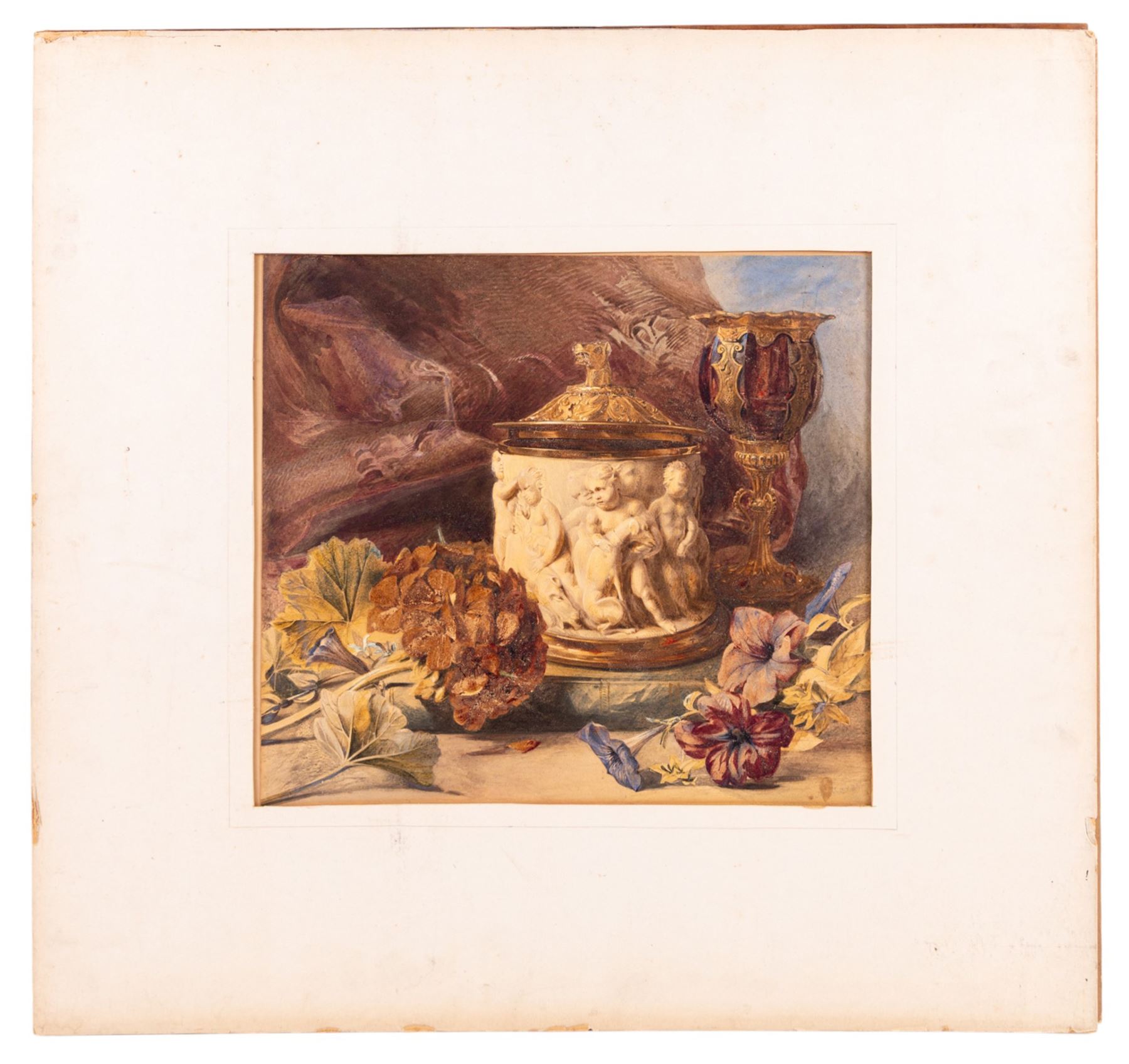 Mary Margetts (British fl.1841-1886): 'An Ivory Tankard with Flowers', watercolour signed, titled and dated 1884 on label verso 30cm x 33cm (unframed) 
Provenance: sold Bonhams London 9th August 2005 Lot 306