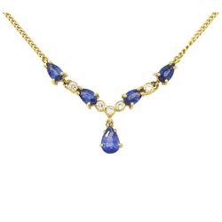 18ct gold pear cut sapphire and round brilliant cut diamond necklace, London import mark 1991, total sapphire weight approx 1.35 carat