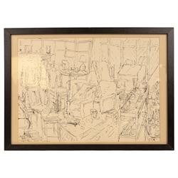 Jill Dickinson (British 20th Century): Interior Scenes, three ink and wash drawings, variously signed and dated '50, 26cm x 36cm (3)